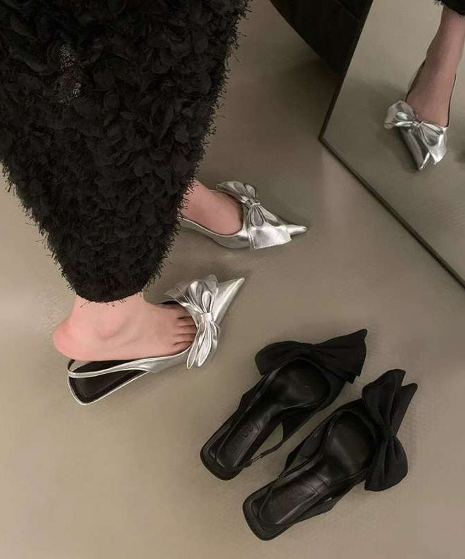 French Silver Bow Faux Leather Sandals Pointed Toe