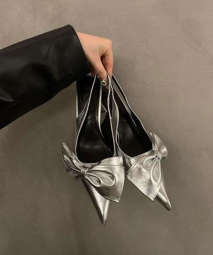 French Silver Bow Faux Leather Sandals Pointed Toe