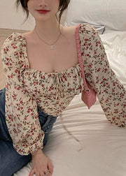 French Square Collar Print Puff Sleeve Cinched Top