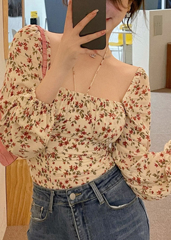 French Square Collar Print Puff Sleeve Cinched Top