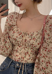 French Square Collar Print Puff Sleeve Cinched Top
