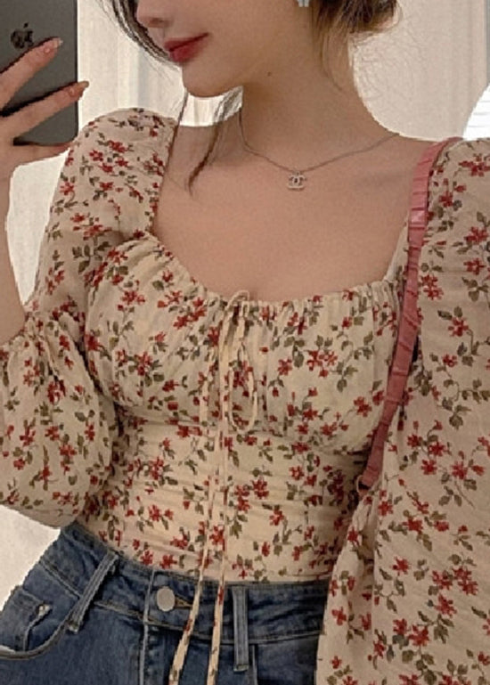 French Square Collar Print Puff Sleeve Cinched Top