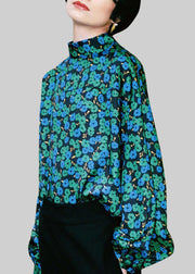 French Stand Collar Print Silk Shirts Lantern Sleeve