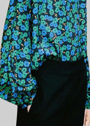 French Stand Collar Print Silk Shirts Lantern Sleeve
