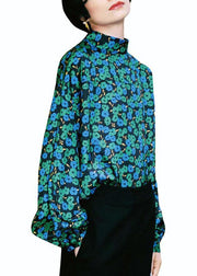 French Stand Collar Print Silk Shirts Lantern Sleeve