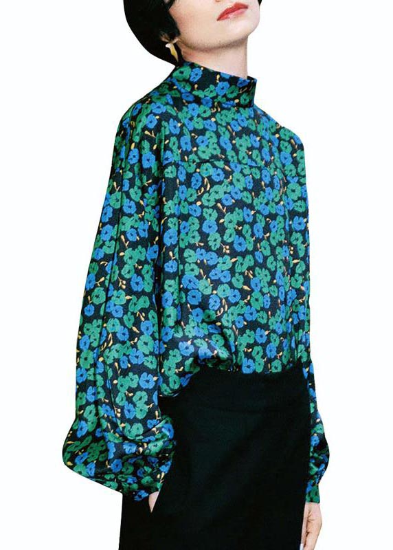 French Stand Collar Print Silk Shirts Lantern Sleeve
