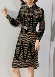 French Striped Peter Pan Collar Button Silk Velour Shirts Dress Fall