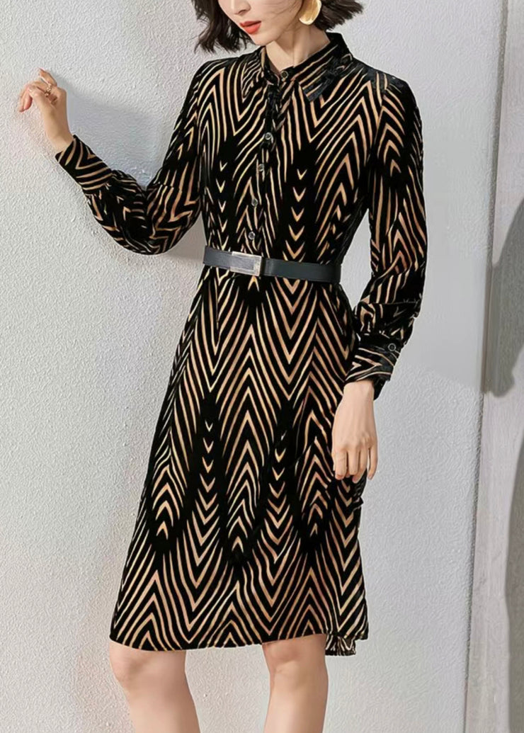 French Striped Peter Pan Collar Button Silk Velour Shirts Dress Fall