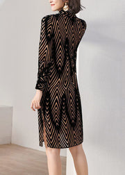 French Striped Peter Pan Collar Button Silk Velour Shirts Dress Fall