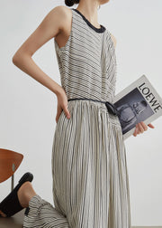 French Striped Pockets Patchwork Cotton Long Dresses Sleeveless