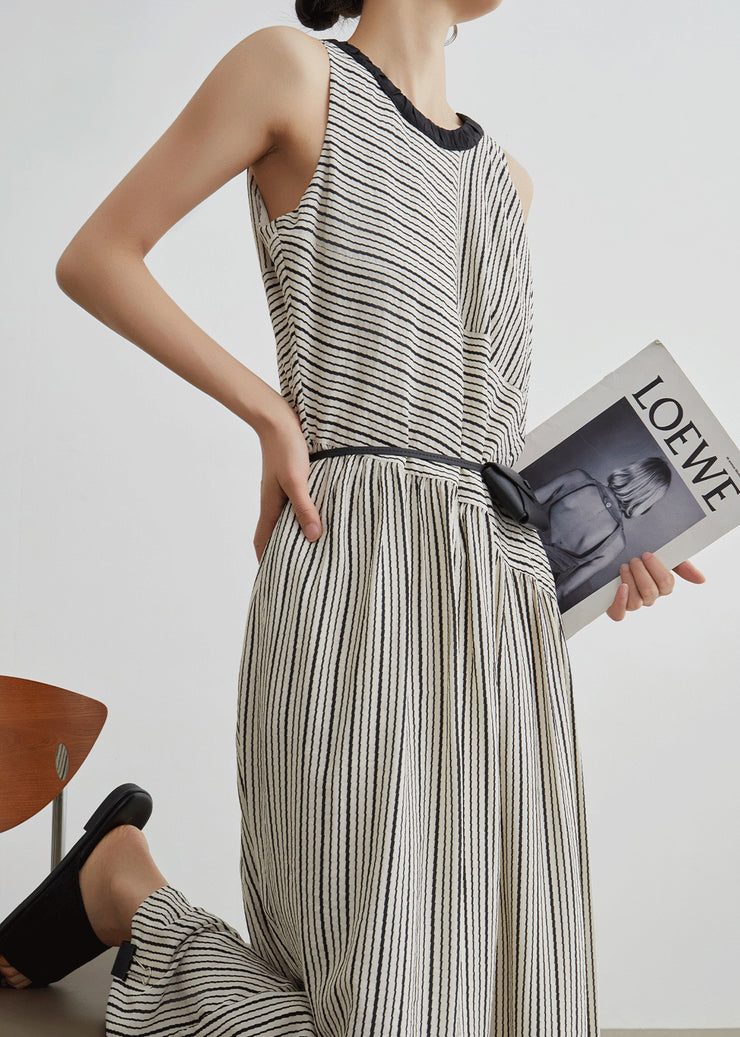French Striped Pockets Patchwork Cotton Long Dresses Sleeveless