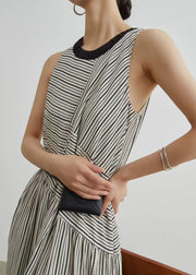 French Striped Pockets Patchwork Cotton Long Dresses Sleeveless