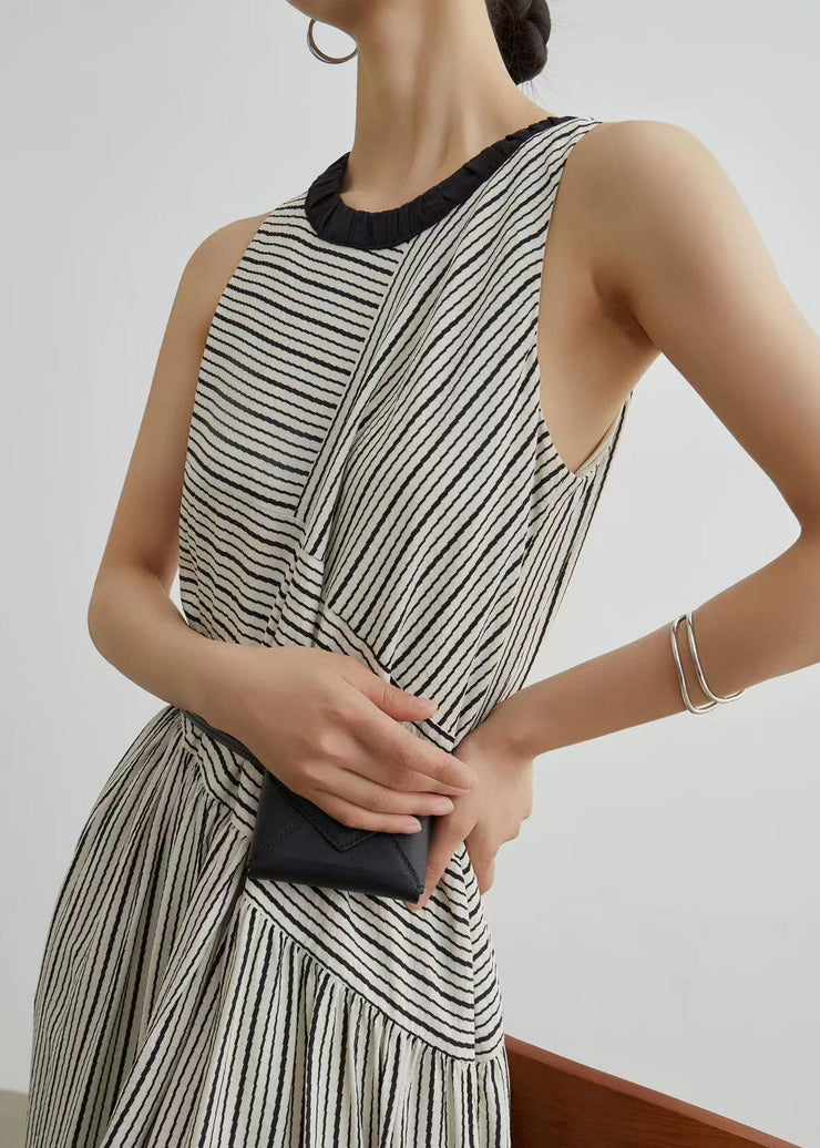 French Striped Pockets Patchwork Cotton Long Dresses Sleeveless