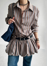 French Striped Ruffled Button Sashes Cotton Shirts Dress Fall
