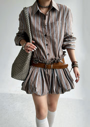 French Striped Ruffled Button Sashes Cotton Shirts Dress Fall