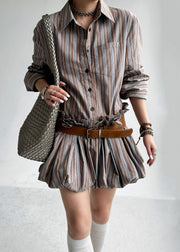 French Striped Ruffled Button Sashes Cotton Shirts Dress Fall