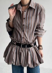 French Striped Ruffled Button Sashes Cotton Shirts Dress Fall