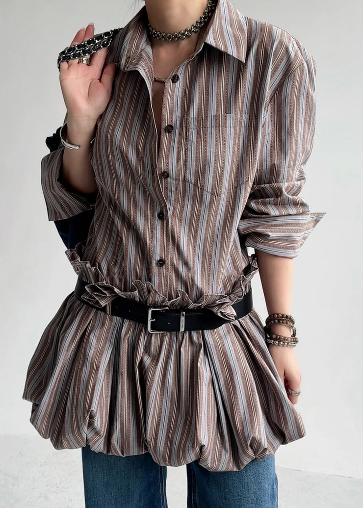French Striped Ruffled Button Sashes Cotton Shirts Dress Fall