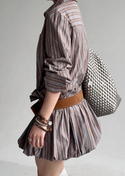 French Striped Ruffled Button Sashes Cotton Shirts Dress Fall