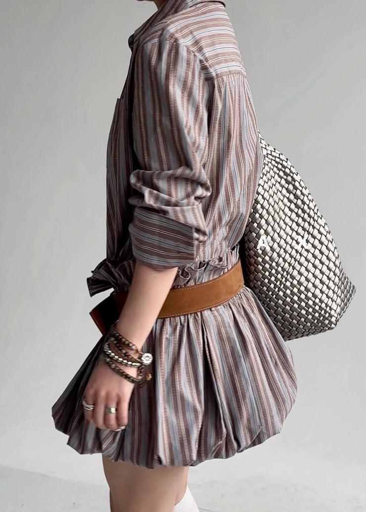 French Striped Ruffled Button Sashes Cotton Shirts Dress Fall