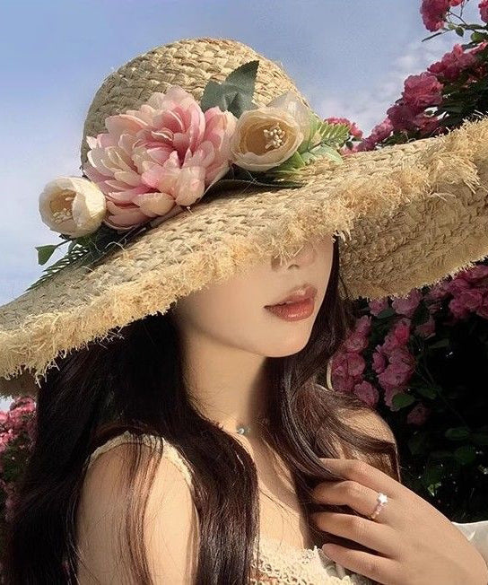 French Style Beige Flower Straw Woven Big Brim Holiday Sun Hat