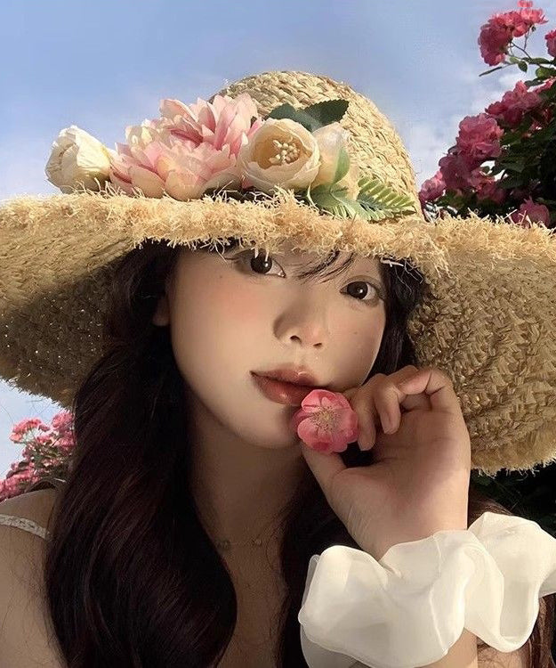 French Style Beige Flower Straw Woven Big Brim Holiday Sun Hat