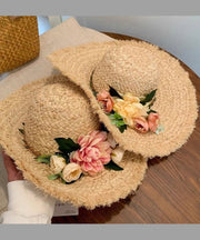 French Style Beige Flower Straw Woven Big Brim Holiday Sun Hat