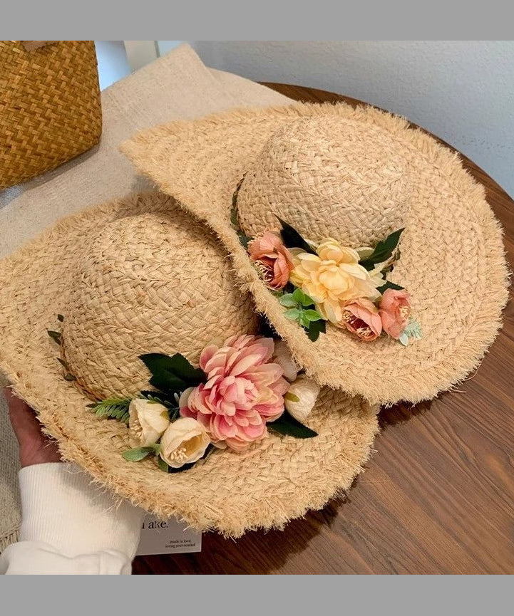 French Style Beige Flower Straw Woven Big Brim Holiday Sun Hat