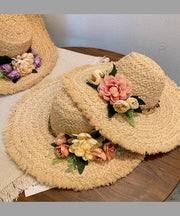 French Style Beige Flower Straw Woven Big Brim Holiday Sun Hat