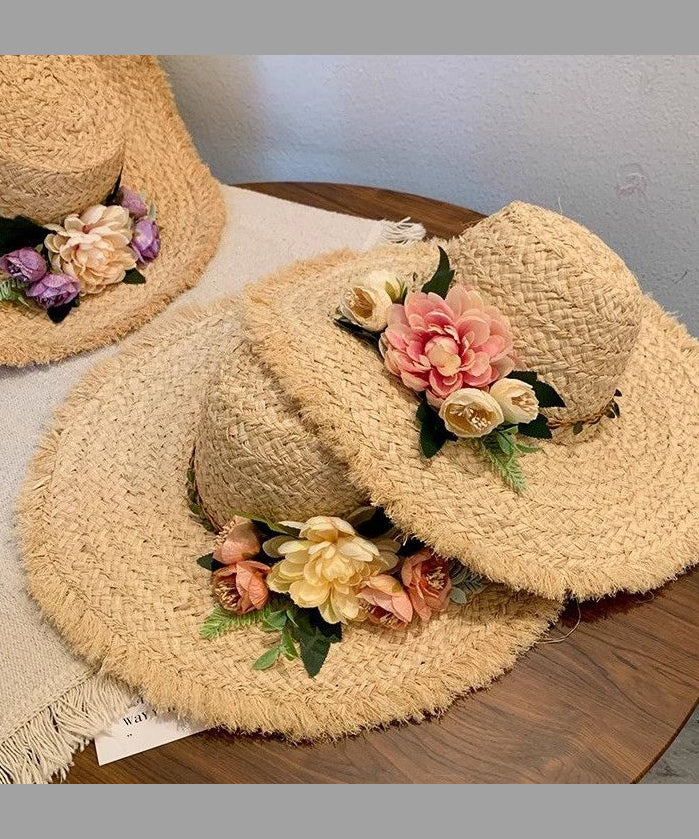 French Style Beige Flower Straw Woven Big Brim Holiday Sun Hat