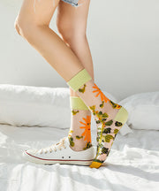 French Style Jacquard Sheer Mesh Mid Calf Socks