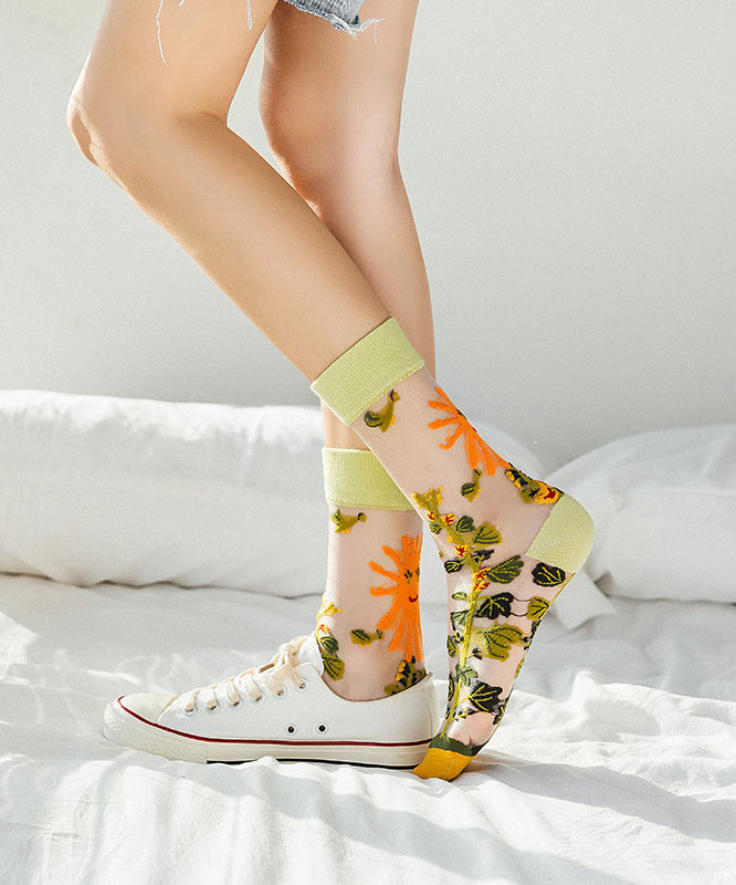 French Style Jacquard Sheer Mesh Mid Calf Socks