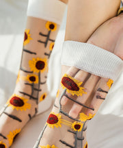 French Style Jacquard Sheer Mesh Mid Calf Socks