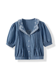 French Style Light Blue Puff Sleeve Embroidered Cotton Shirt Tops