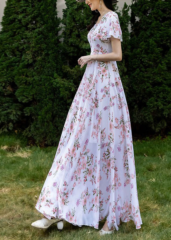 French Style Pink Square Collar Print Chiffon Dresses Summer