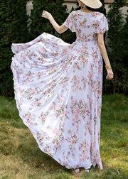 French Style Pink Square Collar Print Chiffon Dresses Summer