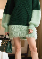 French Tea Green Oversized Patchwork Faux Fur Knit Sweater Dress Winter