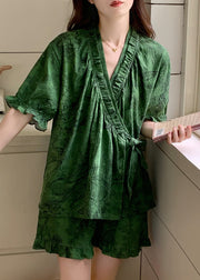 French Tea Green Ruffled Print Cotton Pajama Sets Summer