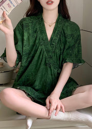 French Tea Green Ruffled Print Cotton Pajama Sets Summer