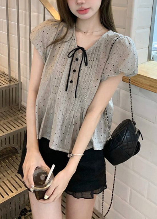 French V Neck Lace Up Puff Sleeve Wrinkled Cotton Top