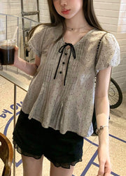 French V Neck Lace Up Puff Sleeve Wrinkled Cotton Top