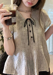 French V Neck Lace Up Puff Sleeve Wrinkled Cotton Top