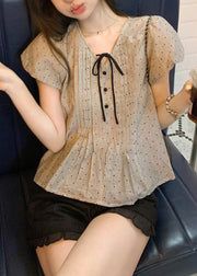French V Neck Lace Up Puff Sleeve Wrinkled Cotton Top