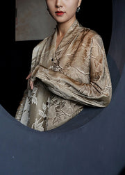 French V Neck Print Button Silk Shirts Dresses Fall