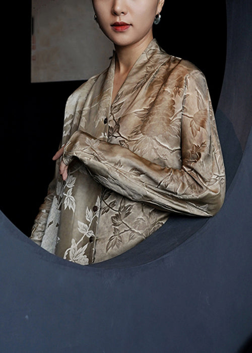 French V Neck Print Button Silk Shirts Dresses Fall