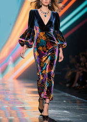 French V Neck Print Patchwork Velvet Long Dress Lantern Sleeve