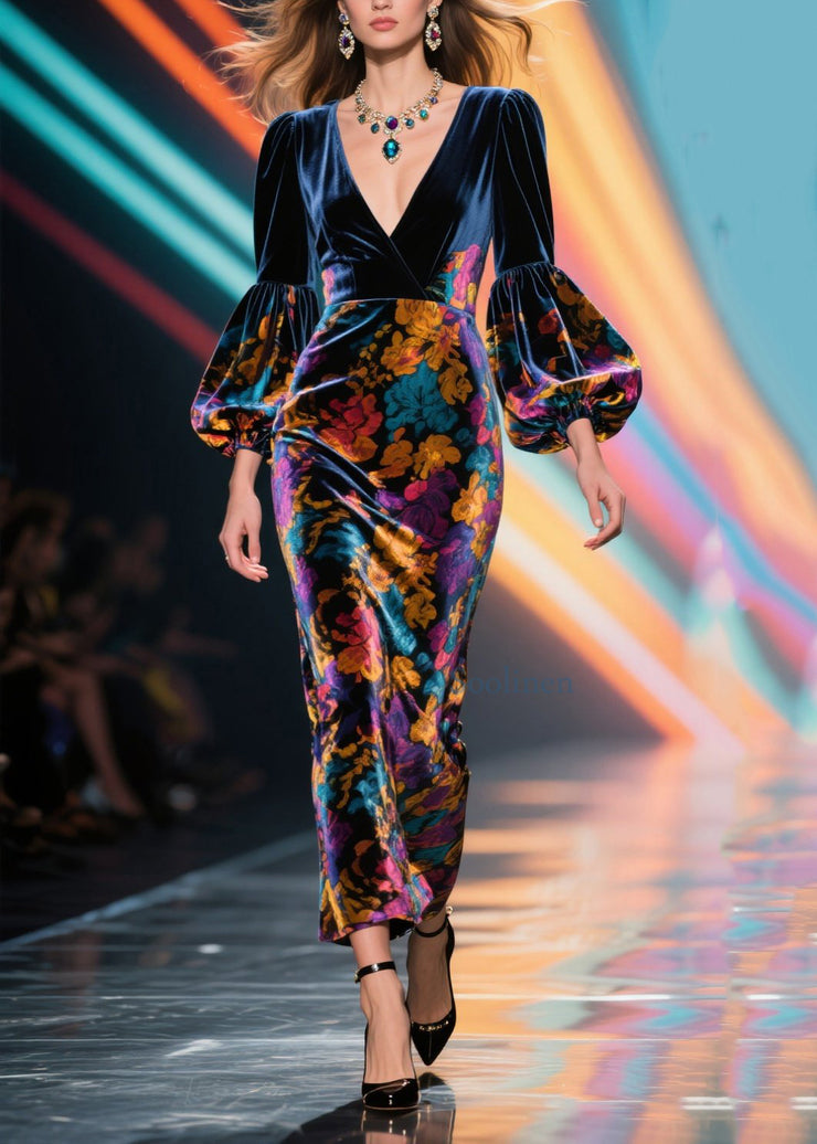 French V Neck Print Patchwork Velvet Long Dress Lantern Sleeve