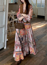 French V Neck Print Waistcoat And Maxi Dress Two Pieces Set Flare Sleeve
