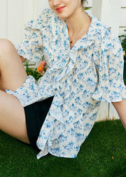 French V Neck Ruffled Print Puff Sleeve Cotton Shirts