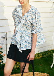French V Neck Ruffled Print Puff Sleeve Cotton Shirts